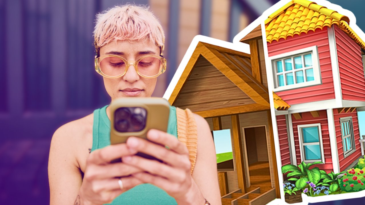 Im Vordergrund hält eine junge Frau hält ein Handy und im Hintergrund Ausschnitte aus dem Spiel Home Makeover Im Vordergrund hält eine junge Frau hält ein Handy und im Hintergrund Ausschnitte aus dem Spiel Home Makeover