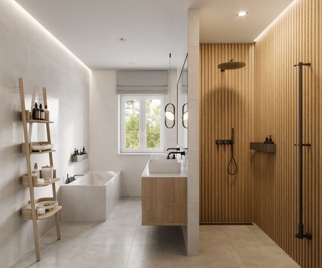 Interior of a luxurious bathroom with shower area and bathtub. Computer generated image of a large and spacious apartment bathroom. Interior of a luxurious bathroom with shower area and bathtub. Computer generated image of a large and spacious apartment bathroom.
