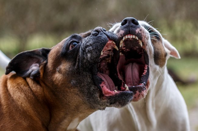 Fighting dogs. Dogs barking at each other, showing fangs.