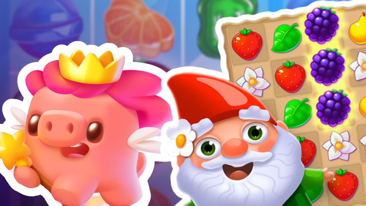 Ausschnitte und Figuren aus den Spielen Super Candy Jewels, Garden Tales und Match Arena im Vordergrund Ausschnitte und Figuren aus den Spielen Super Candy Jewels, Garden Tales und Match Arena im Vordergrund