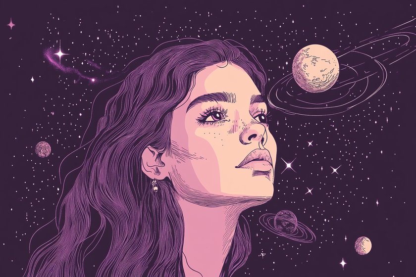 Illustration einer Frau mit Planeten im Hintergrund Illustration einer Frau mit Planeten im Hintergrund