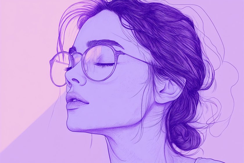 Illustration einer Frau mit Brille und geschlossenen Augen Illustration einer Frau mit Brille und geschlossenen Augen