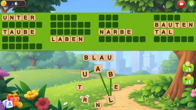 Der Screenshot aus dem Spiel "Word Sauce" zeigt ein Wortpuzzle-Spielfeld, auf dem Wörter wie "UNTER", "TAUBE", "LABEN" oder "NARBE" bereits gelöst sind. Leere Kästchen zeigen an, welche Begriffe noch gefunden werden müssen. Unten sind die Buchstaben angezeigt, mit denen Wörter gebildet werden müssen. Der Hintergrund zeigt eine idyllische Parklandschaft mit Bäumen, Blumen und einer Stadt in der Ferne. Der Screenshot aus dem Spiel "Word Sauce" zeigt ein Wortpuzzle-Spielfeld, auf dem Wörter wie "UNTER", "TAUBE", "LABEN" oder "NARBE" bereits gelöst sind. Leere Kästchen zeigen an, welche Begriffe noch gefunden werden müssen. Unten sind die Buchstaben angezeigt, mit denen Wörter gebildet werden müssen. Der Hintergrund zeigt eine idyllische Parklandschaft mit Bäumen, Blumen und einer Stadt in der Ferne.