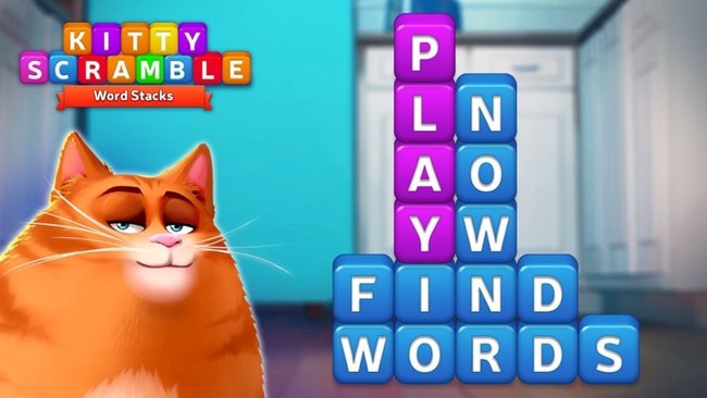 Das Teaserbild zeigt ein Spiel mit dem Titel „Kitty Scramble: Word Stacks“. Auf der linken Seite ist eine orangefarbene Katze mit halb geschlossenen Augen zu sehen. Der Titel des Spiels wird oben in bunten Blöcken angezeigt. Auf der rechten Seite des Bildes befinden sich gestapelte Blöcke mit Buchstaben, die die Wörter „PLAY NOW“ und „FIND WORDS“ bilden. Im Hintergrund ist verschwommen ein Zimmer zu sehen. Das Teaserbild zeigt ein Spiel mit dem Titel „Kitty Scramble: Word Stacks“. Auf der linken Seite ist eine orangefarbene Katze mit halb geschlossenen Augen zu sehen. Der Titel des Spiels wird oben in bunten Blöcken angezeigt. Auf der rechten Seite des Bildes befinden sich gestapelte Blöcke mit Buchstaben, die die Wörter „PLAY NOW“ und „FIND WORDS“ bilden. Im Hintergrund ist verschwommen ein Zimmer zu sehen.
