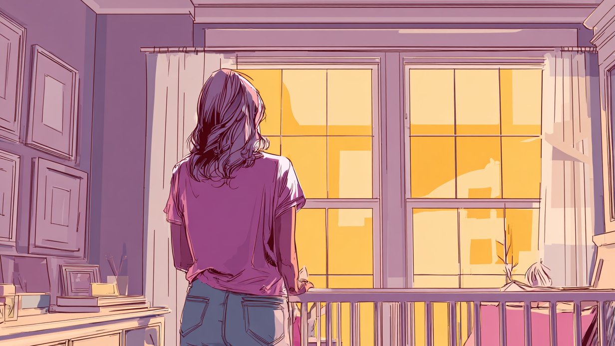 Zeichnung von Frau in leerem Kinderzimmre Zeichnung von Frau in leerem Kinderzimmre