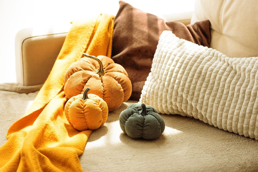 Ein herbstlich dekoriertes Wohnzimmer mit verschiedenen Deko-Kissen auf der Couch Ein herbstlich dekoriertes Wohnzimmer mit verschiedenen Deko-Kissen auf der Couch