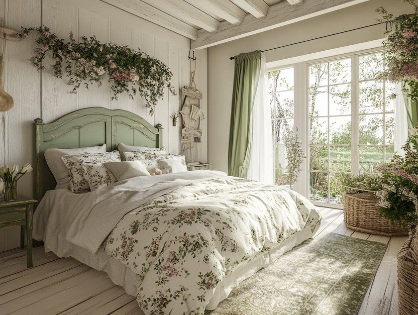 Cottage Core Schlafzimmer mit sonniger Veranda in Weiß und Grün Cottage Core Schlafzimmer mit sonniger Veranda in Weiß und Grün