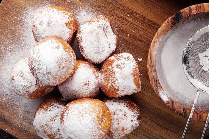 German donuts.  berliner or quarkbällchen with jam and icing sugar