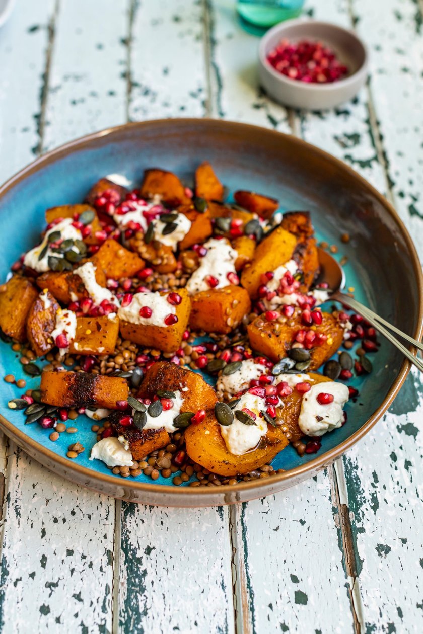 Roasted Butternut Salad with Pomegranate Seeds and Tahini Yogurt