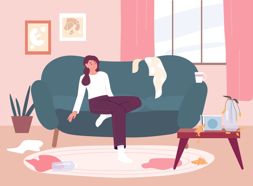 Illustration einer Frau in einer unordentlichen Wohnung
