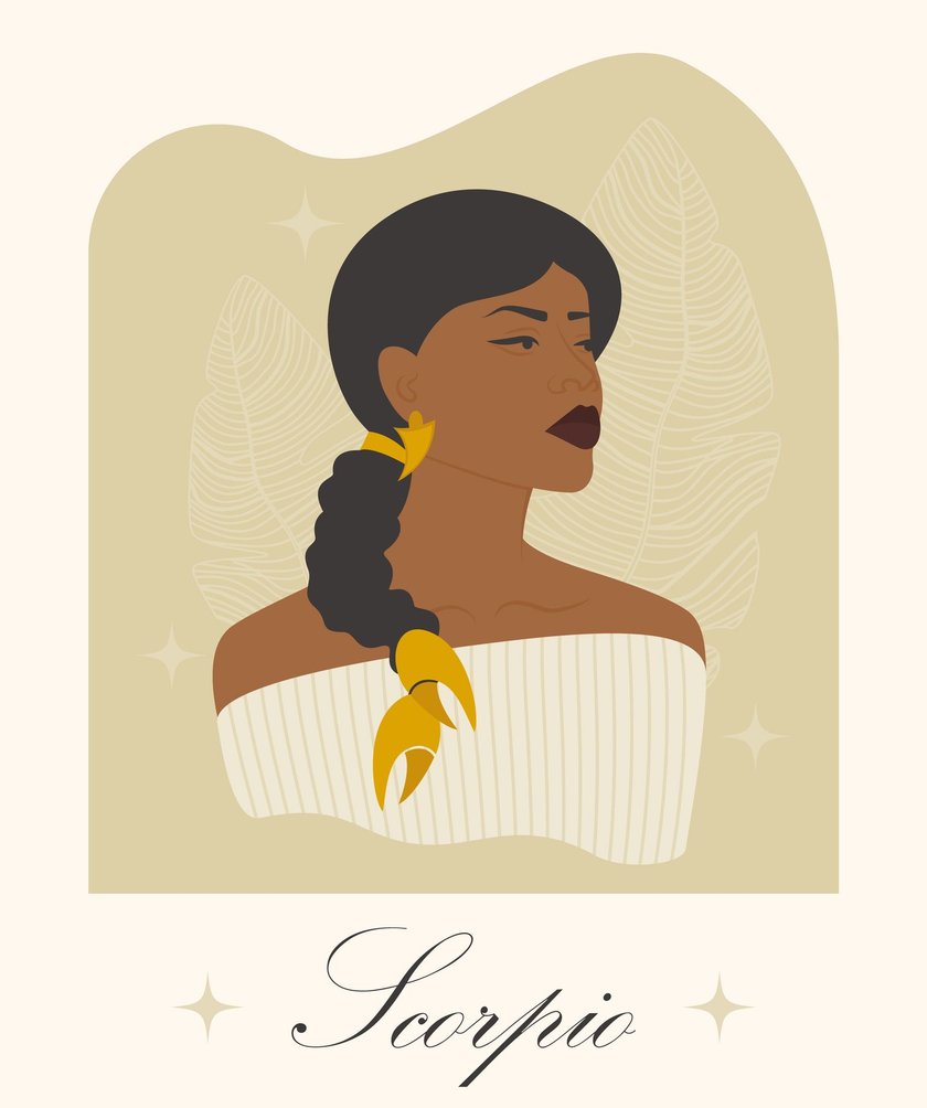 Scorpio zodiac sign black woman cartoon vector illustration. Young lady water symbol character. Astrology elements vector illustration isolated on beige background.