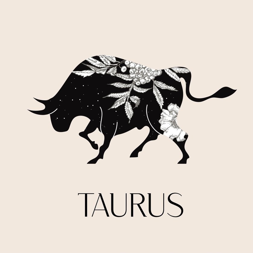 Zodiac sign Taurus. Black silhouette of a bull with white flowers. The symbol of the astrological horoscope. Silhouette of a lion.