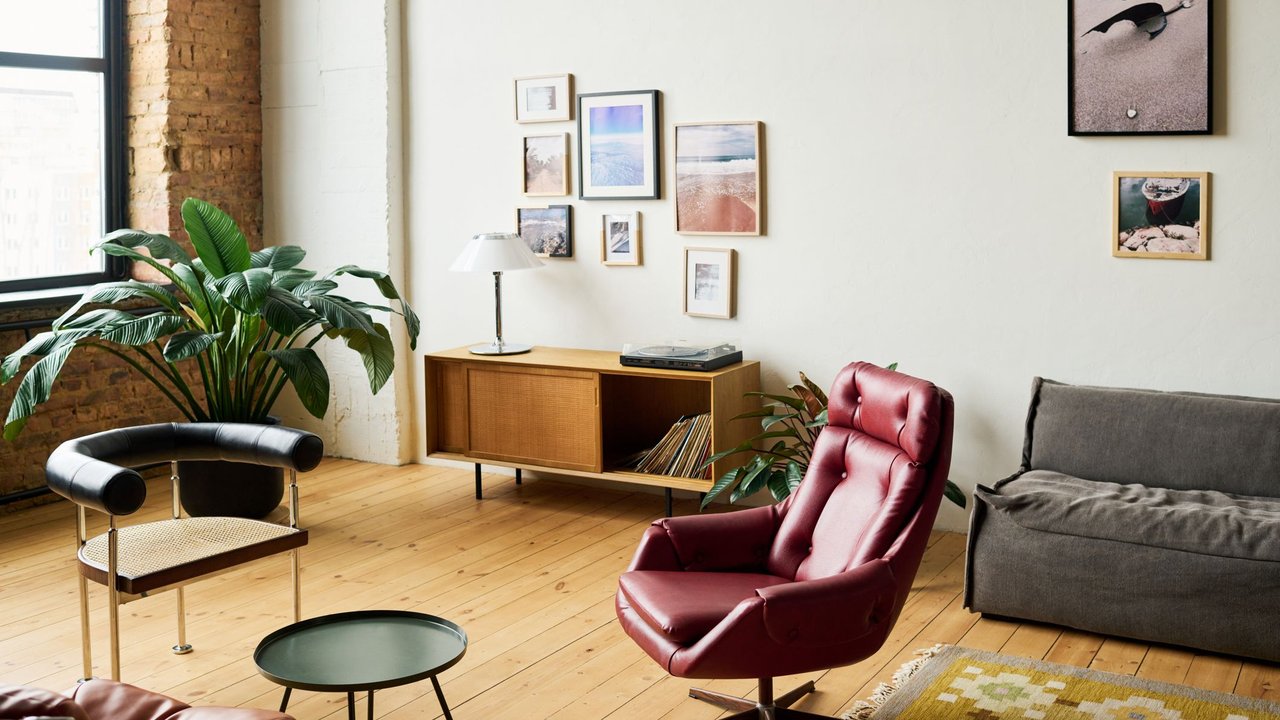 Workplace with two armchairs surrounding small round table standing against couch, green plant in flowerpot and pictures on wall in office