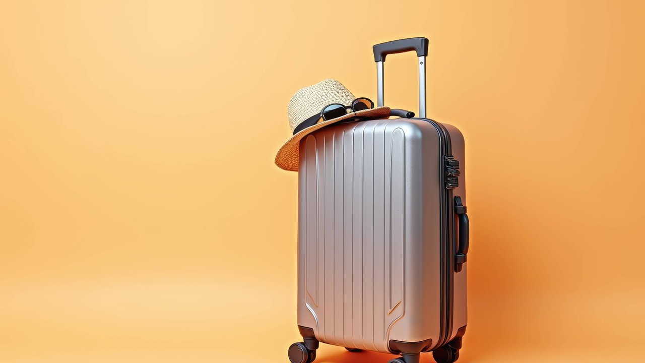 Stilvolle graue Koffer mit Strohhut und Sonnenbrille auf orangefarbenen Hintergrund, die Sommerurlaub und Reise-Konzept, generiert mit KI *** stylish Grey Suitcase with Straw hat and Sunglasses at orange Background, the Summer holiday and Trip Concept, generated with KI 1127153176
