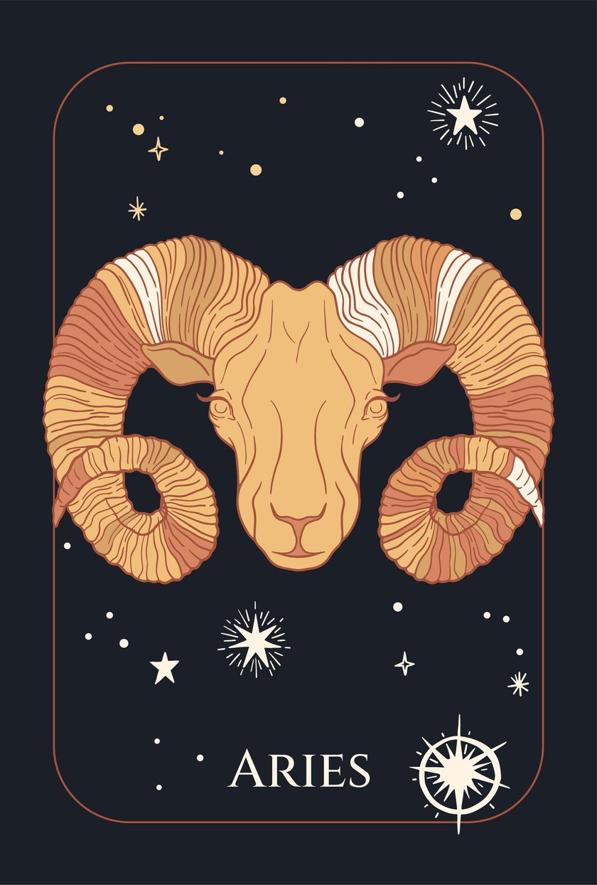 zodiac sign aries, sheep head, black and yellow, with space (stars)