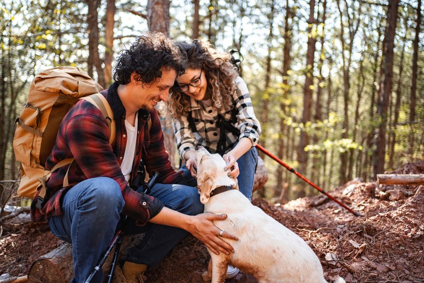 Ein junges Pärchen streichelt einen hellen Hund auf einer Wanderung