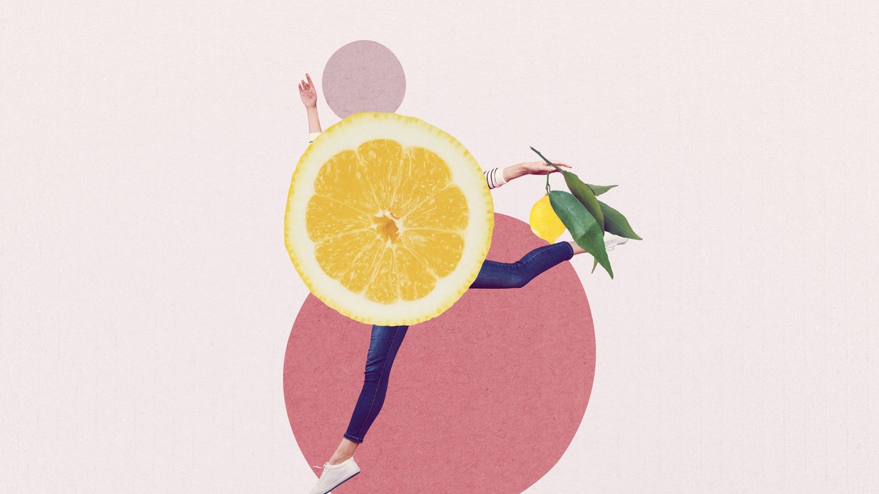 Illustration mit einer hüpfenden Frau und einer Zitronenscheibe