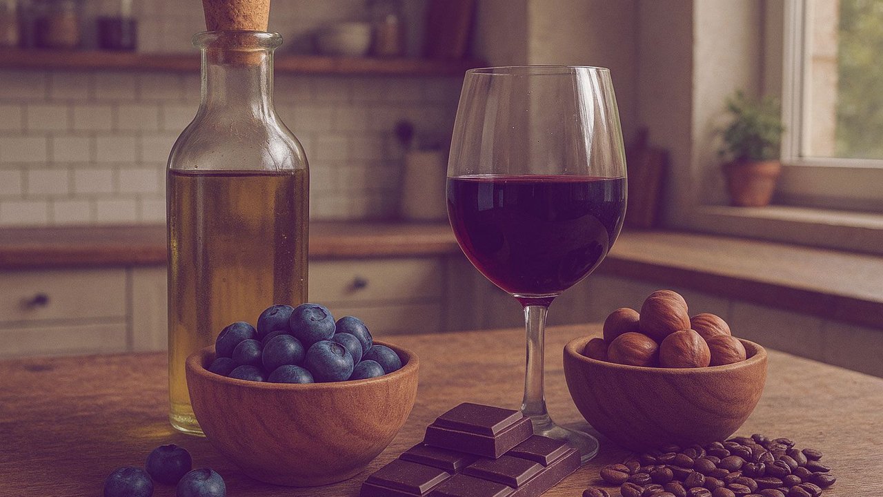 Eine Küche mit Olivenöl, Rotwein, Blaubeeren, Haselnüssen, Kaffee und Schokolade