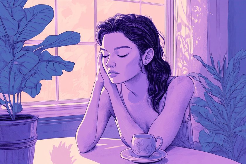 Illustration einer Frau, die mit geschlossenen Augen am Tisch sitzt