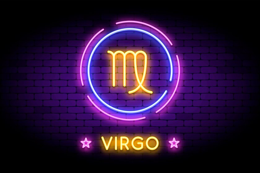 The Virgo zodiac symbol, horoscope sign in trendy neon style on a wall. Virgo astrology sign with light effects for web or print.a