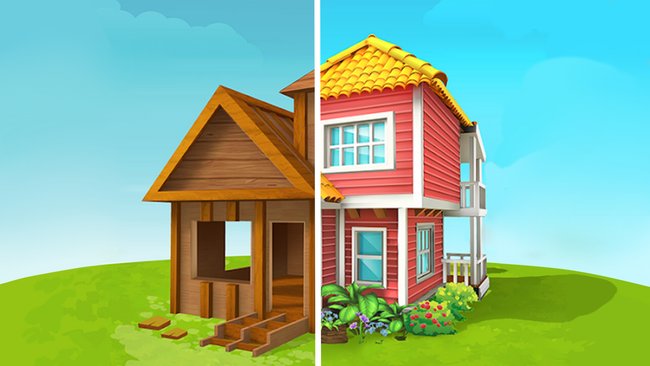 Das Bild zum Spiel "Home Makeover" zeigt ein geteiltes Haus. Die linke Hälfte zeigt ein unfertiges Holzhaus mit offenen Wänden, während die rechte Hälfte ein fertiges, farbenfrohes zweistöckiges Haus mit roten Wänden, gelbem Dach und dekorativen Pflanzen im Vordergrund beinhaltet. Der Hintergrund ist ein klarer, blauer Himmel über einer grünen Wiese.