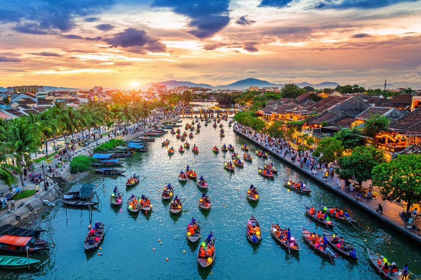 Aerial view of Hoi An ancient town at twilight, Vietnam.