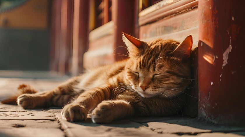 A cat peacefully napping next to a building's entrance