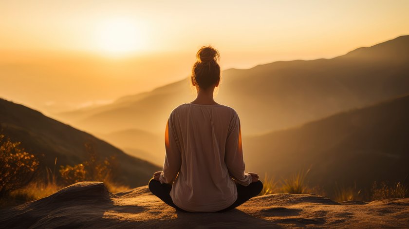 Frau meditiert bei Sonnenaufgang