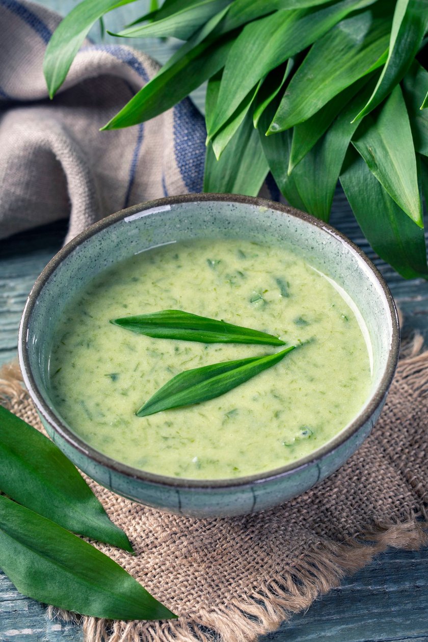 Ramsons cream soup in a white bowl
