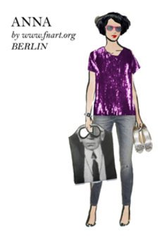 Virtuelle Anziehpuppe mit lila Glitzerdress und Karl Lagerfeld Tasche. Virtuelle Anziehpuppe mit lila Glitzerdress und Karl Lagerfeld Tasche.