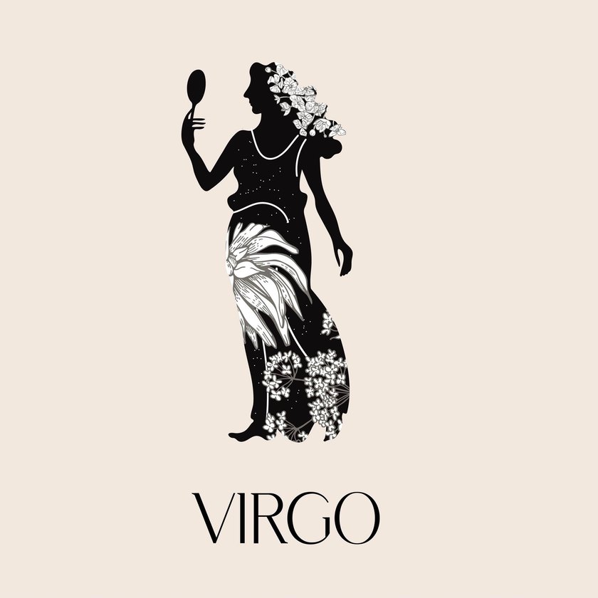 Virgo zodiac sign. Black silhouette with white flowers. The symbol of the astrological horoscope.  Vector illustration.