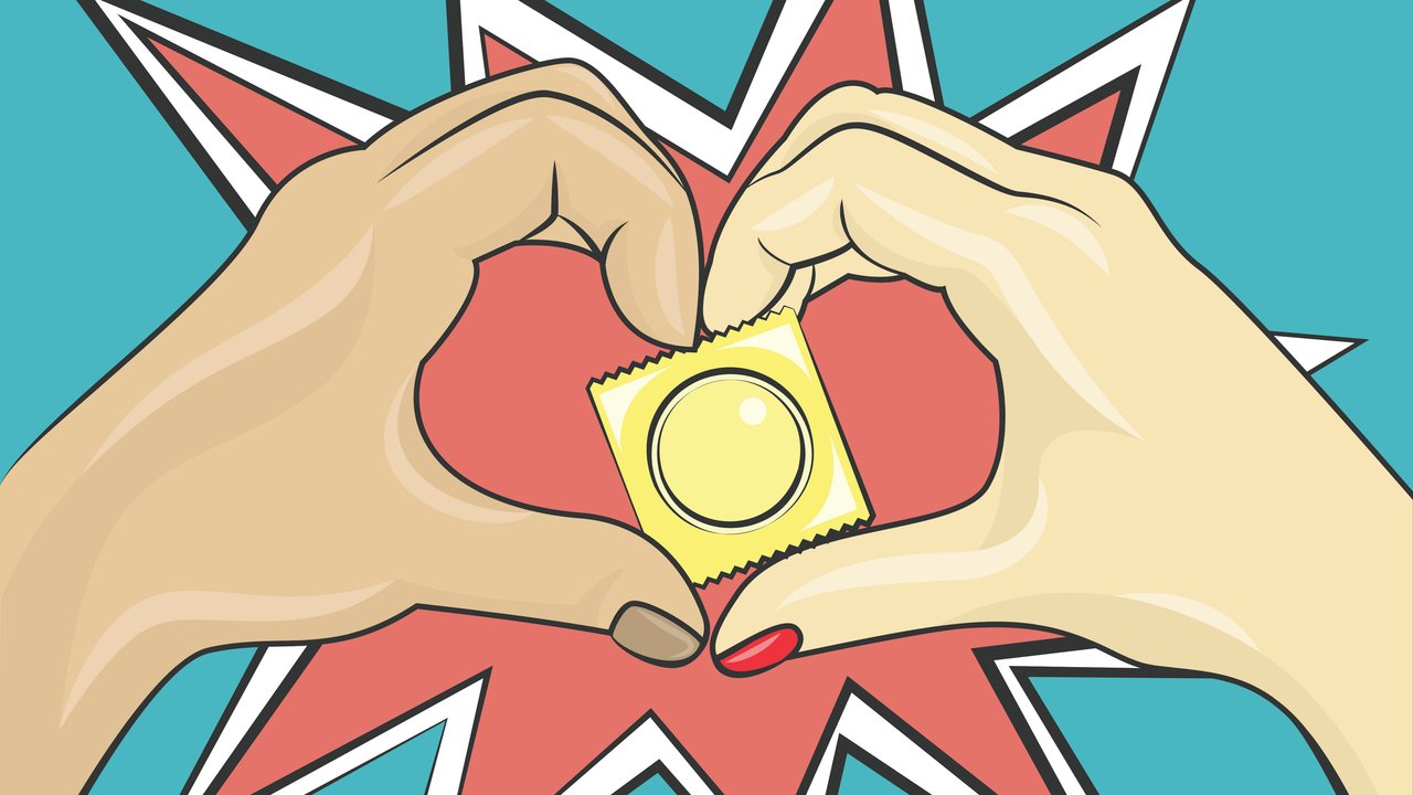 Male and female hands are holding a condom in yellow pack Pop art style