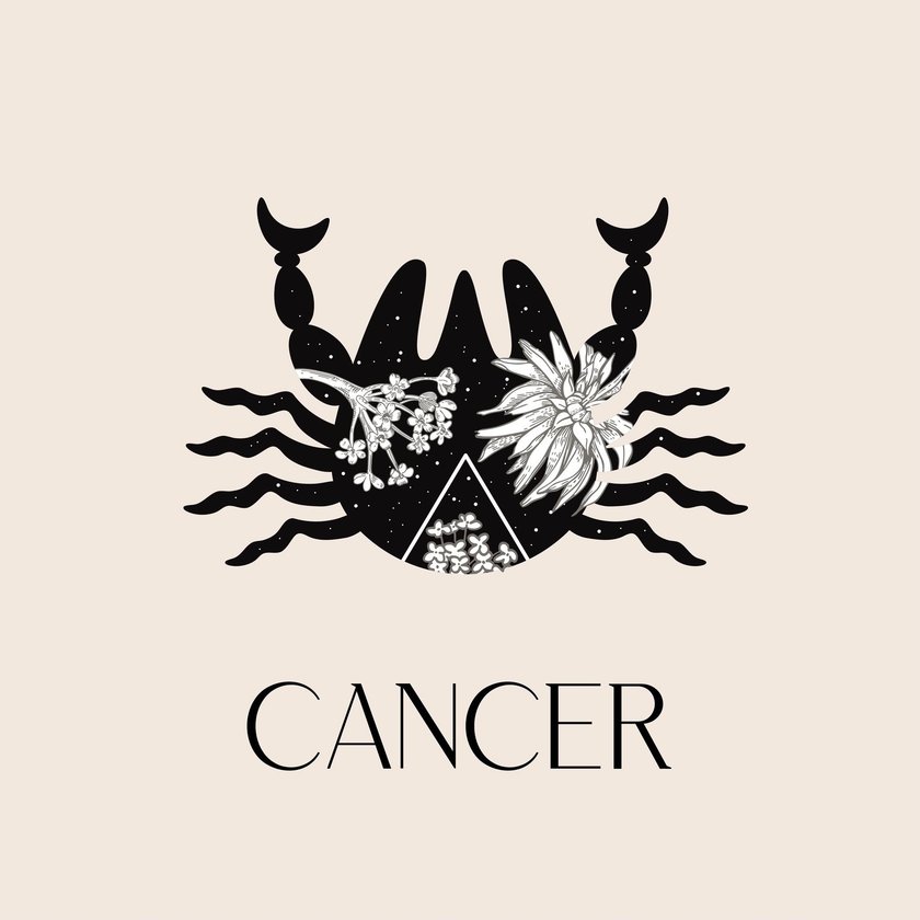 Zodiac sign Cancer. Black silhouette with white flowers. The symbol of the astrological horoscope. Vector illustration.