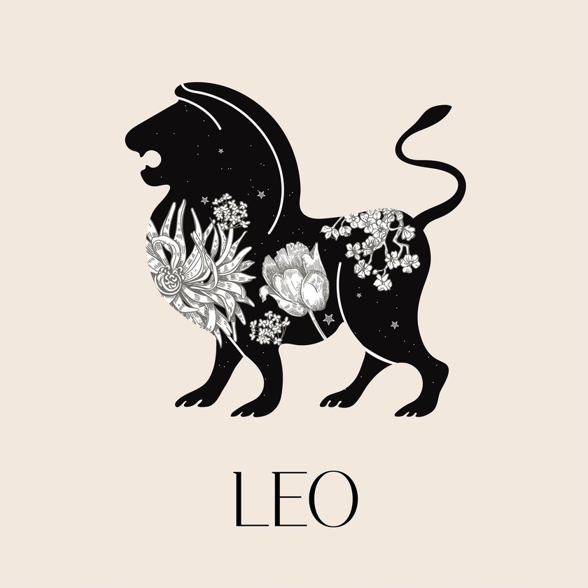 Zodiac sign Leo. Black silhouette of a lion with white flowers. The symbol of the astrological horoscope. Silhouette of a lion.