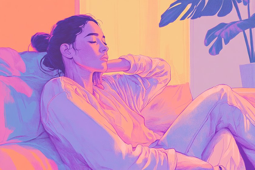 Illustration einer Frau, die mit geschlossenen Augen auf den Sofa sitzt