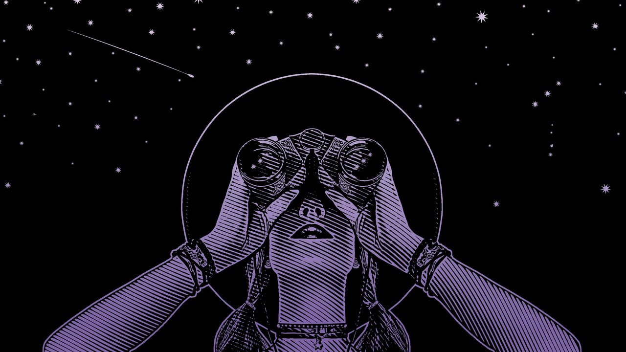Engraving vector of a Young hipster woman with binoculars and stars