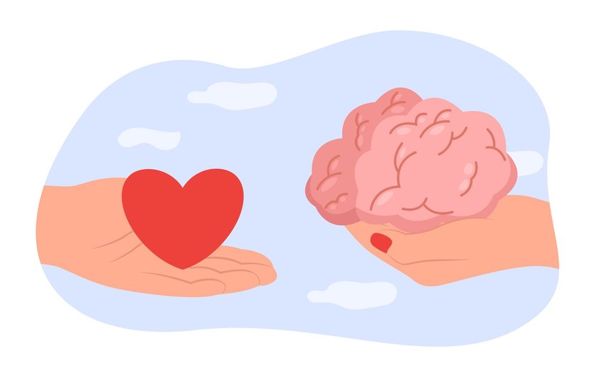 Hands holding brain and heart vector illustration. People controlling emotions and mind, finding balance. Managing emotions, emotional intelligence, leadership, success concept