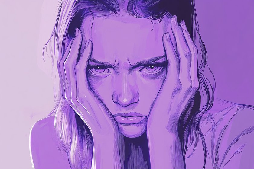 Illustration einer wütenden Frau, die ihren Kopf in die Hände stützt