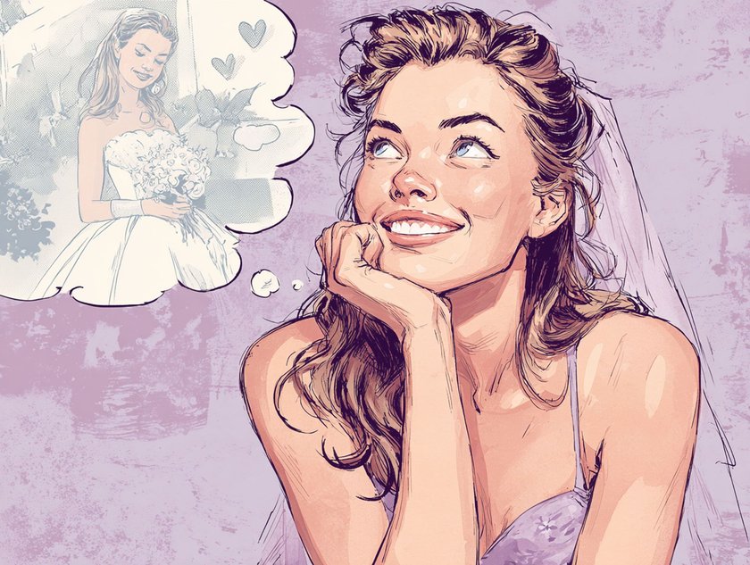 Zeichnung von Frau, die an ihre Hochzeit denkt