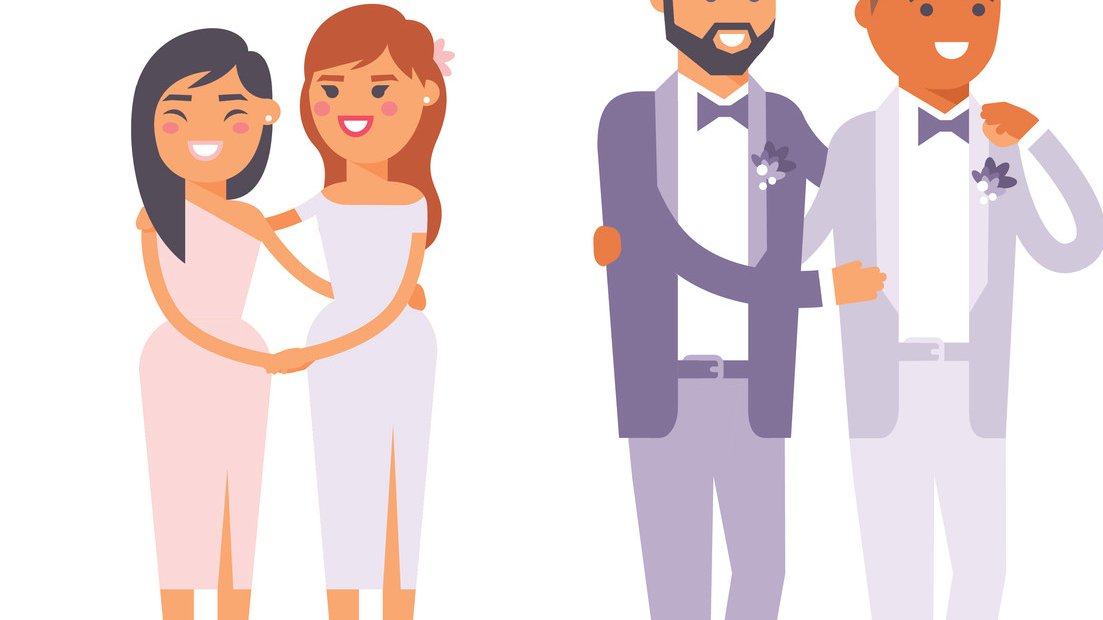 Happy gay couple in wedding attire and casual clothes. Gender civil union romance wedding gay couples together ceremony. Homosexual marriage happy groom wedding gay couples vector.