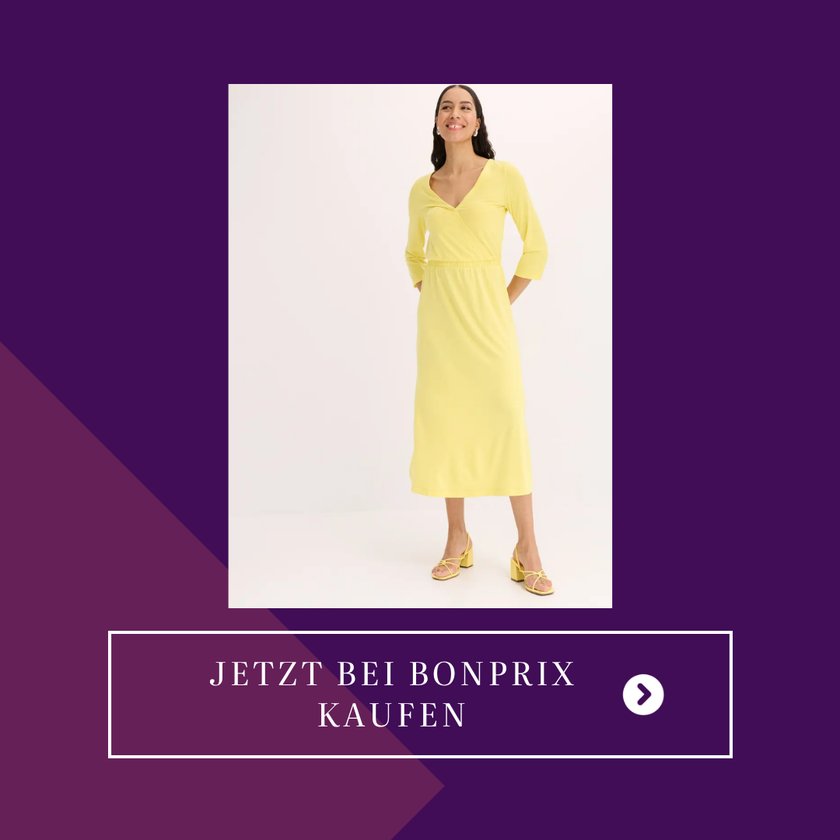 Eine Frau trägt ein gelbes Jerseykleid und gelbe Sandalen