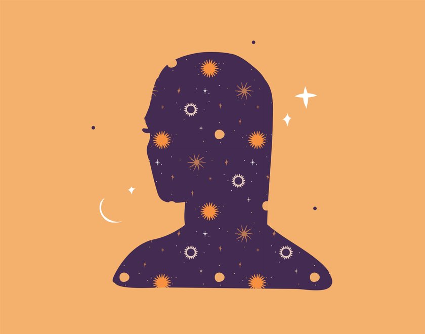 Illustration eines Frauenkopfes mit Sternen und Mond
