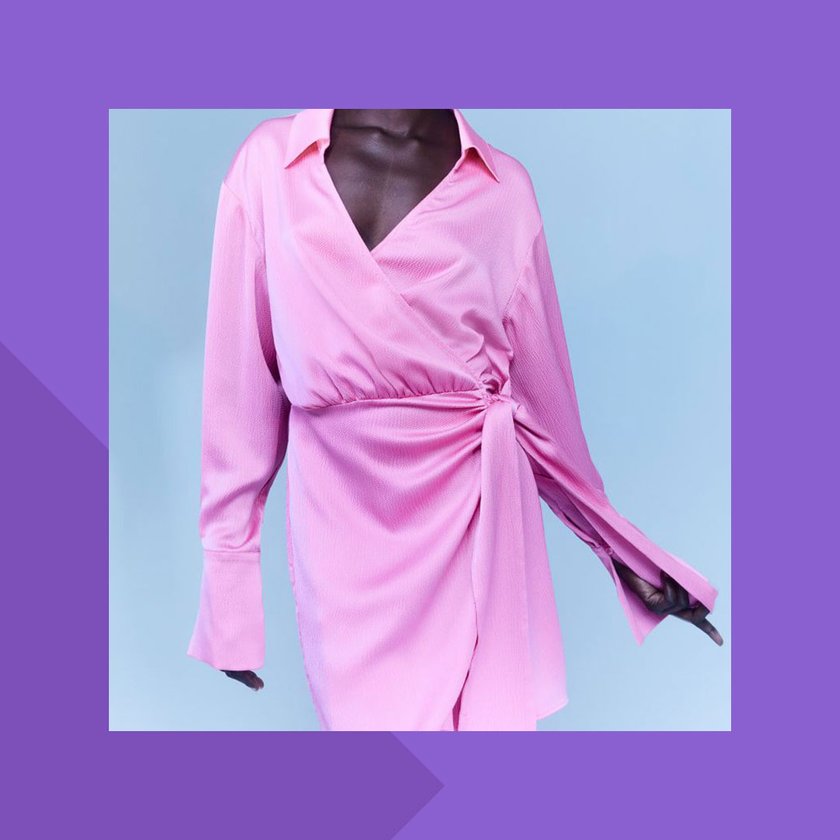 Pinkes Blusenkleid im Wickelschnitt aus Satin-Crêpe