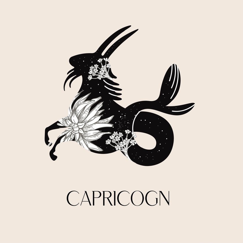 Zodiac sign Capricorn. Black silhouette with white flowers. The symbol of the astrological horoscope. Vector illustration.