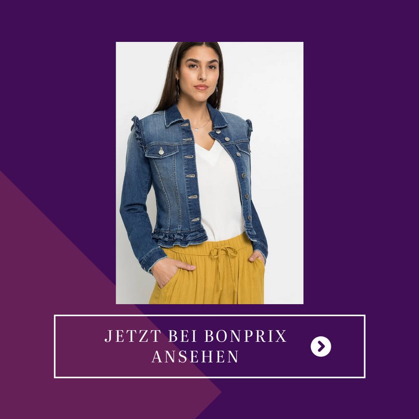 Eine&#x20;Frau&#x20;tr&#x00E4;gt&#x20;eine&#x20;blaue&#x20;Jeansjacke&#x20;mit&#x20;Volants