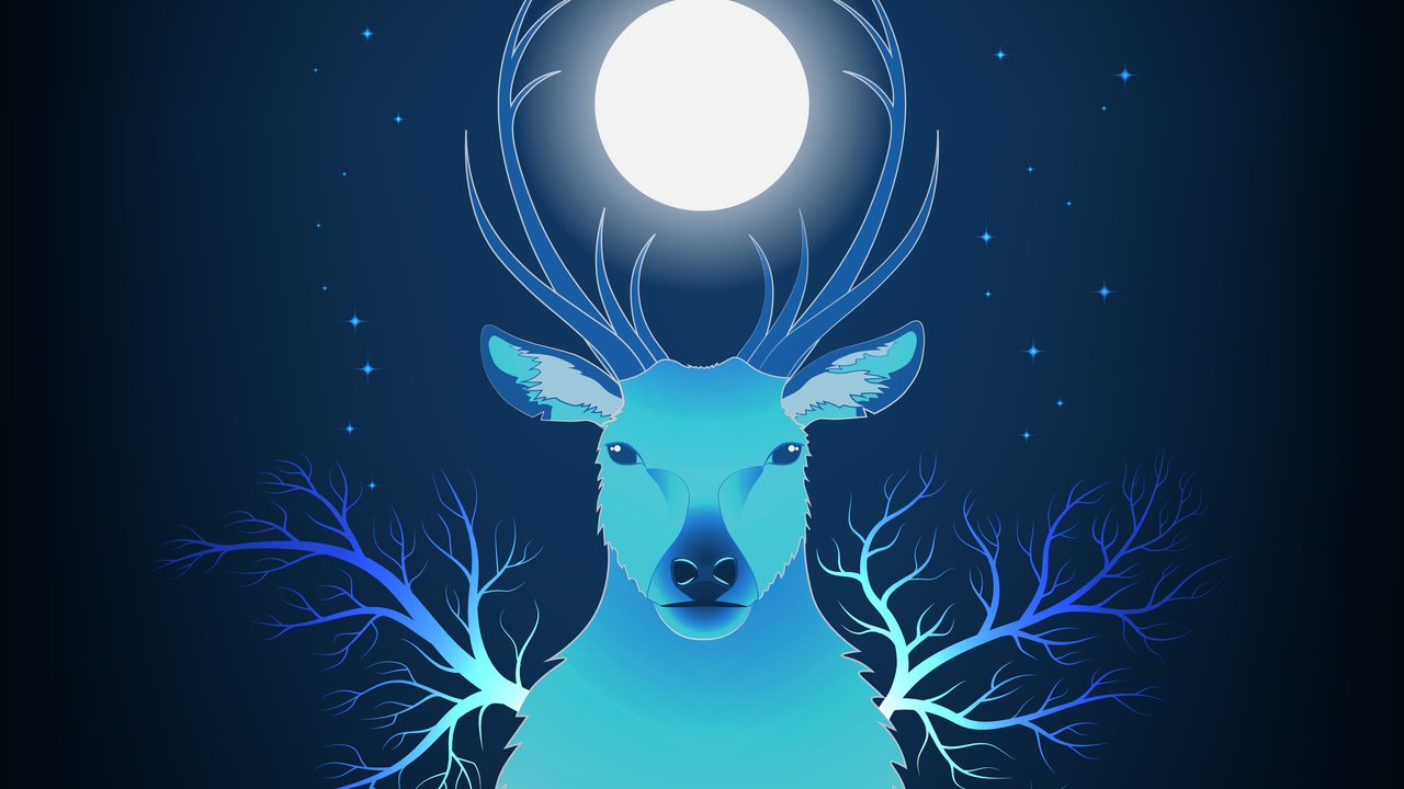 Vector illustration of a deer under the moon surrounded by blue branches and stars.