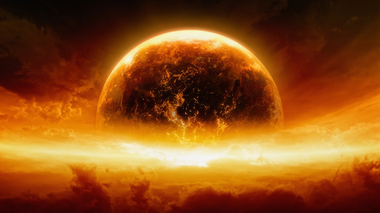 Abstract apocalyptic background - burning and exploding planet Earth in red sky, hell, end of world. Elements of this image furnished by NASA