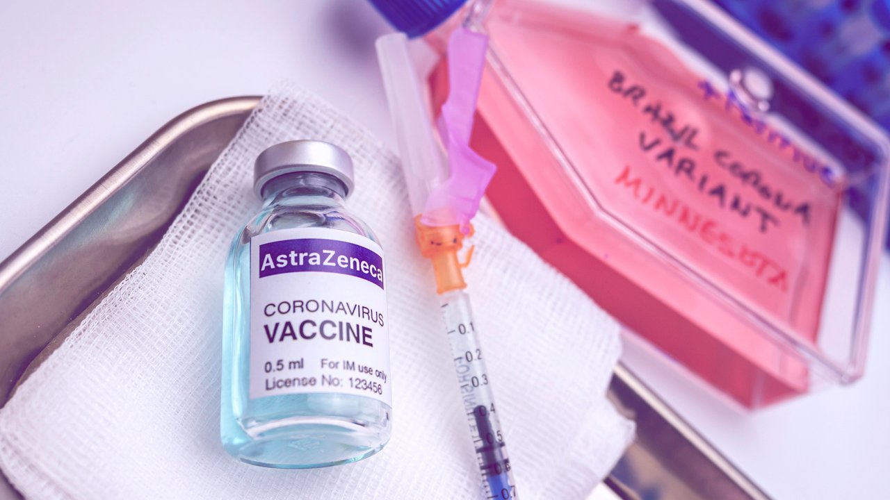 Vial of vaccine from Astrazeneca ready for injection, imaginary recreation for conceptual image.