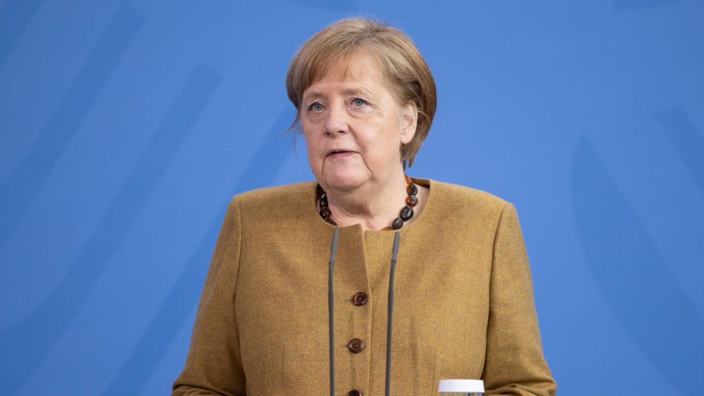 BERLIN, GERMANY - APRIL 13: German Chancellor Angela Merkel gives a statement on the latest coronavirus measures after a Cabinet Meeting on April 13, 2021 in Berlin, Germany. (Photo by Andreas Gora - Pool/Getty Images)