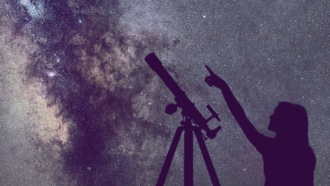 Girl looking at the stars. Telescope Milky Way